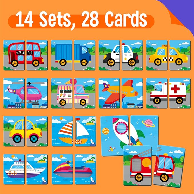 SpriteGru Vehicle Memory Game, 28 Chunky Cards Transportation Theme Head Tail Matching Game 1-5 Players Land/Water/Air Vehicles Memory Matching Game for Preschoolers, Toddlers, Kids