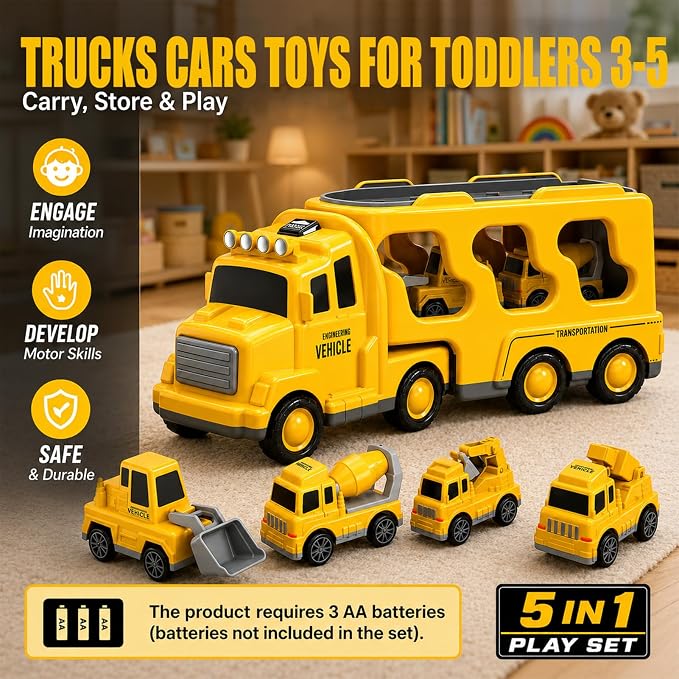 Beby Buty 5 in 1 Construction Trucks Cars Toys for Toddlers 3-5 | Boy Toddler Car Truck Toys with Light Sound, Includes Crane, Mixer, Bulldozer & Excavator, Birthday Gifts for 3 4 5 Year Boys