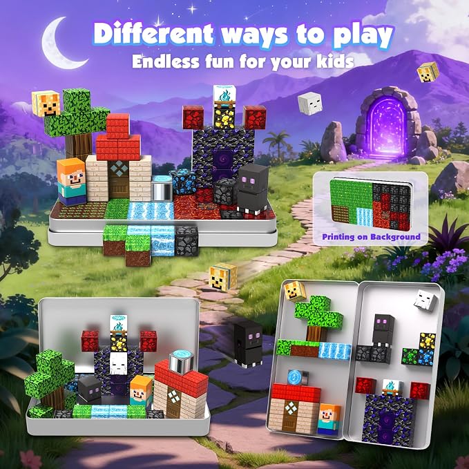 GraceDuck Magnetic Blocks with Iron Box, Obsidian Nether Portal 45 PCS Travel Magnetic Building Blocks, STEM Educational Building Set Construction Toys for Kids Ages 3+, Building Toys