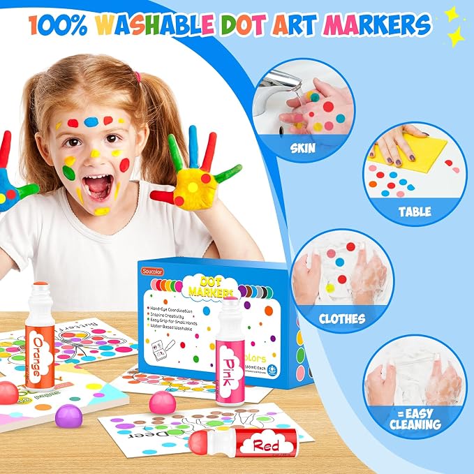 Soucolor 96-Pack Washable Dot Markers for Kids & Toddlers 8 Vibrant Colors | Bingo Daubers, Preschool Arts & Crafts, Classroom Supplies,Paint Dabbers for Endless Creative Fun,Non-Toxic