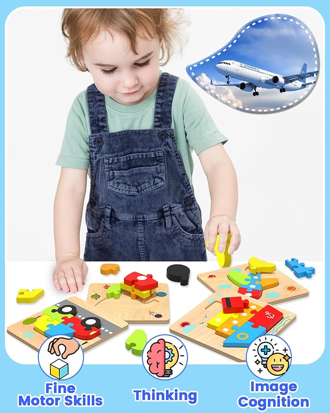 Benresive Wooden Toddler Puzzles, Toddler Toys, 1 2 Year Old Boy Girl Gift | 6 Pack Vehicle Montessori Toys for 1 2 Year Old, Preschool Educational Learning Toy, Great Birthday Gifts for Boys Girls