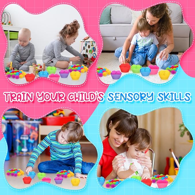 Leitee 90 Pcs Fine Motor Skills Counting Sorting Sensory Bin Filler Toy Set Matching Game Include 72 Hedge Ball 4 Tweezer 2 Scissor Clip 12 Sorting Cup for Preschool Education Train Development