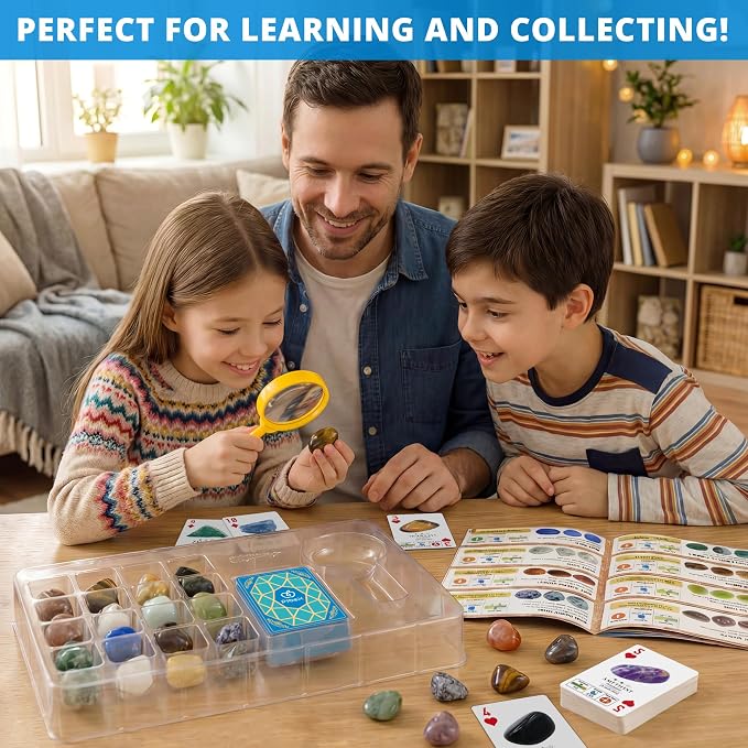 PIBEX Gemstone Collection Kit, 16 Gems & Crystals, Approx. 1-Inch / 2-3 cm | 16 Polished Gems, Amethyst to Opal & Moonstone, Game Cards, Learning Guide, Display Box, STEM Geology Gift for Kids Ages 6+