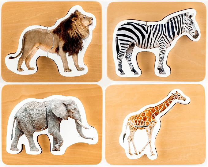 Wooden Montessori Animal Puzzles for Toddlers 2+ Years - Realistic Chunky Safari Animal Shape Puzzle - Educational Learning Toy