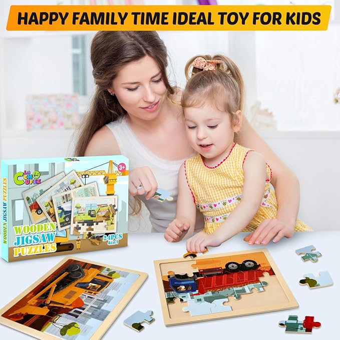 4-Pack Wooden Puzzles for Kids Ages 3-5, 24-Piece Construction Vehicle Set | Toddler Puzzles Ages 3-5, Preschool Puzzles with Wooden Jigsaw Boards for Fine Motor Skills, Shape Recognition and Travel