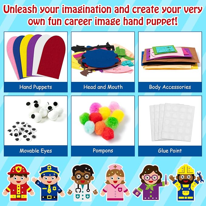 WATINC Hand Puppet Making Kit, Felt Sock Puppet Toys for Kids (Career A) | 6 Styles, Make Your Own Storytelling & Role Play Crafts, Creative Group Activity, Party Favors & Gifts for Kids Ages 4-8