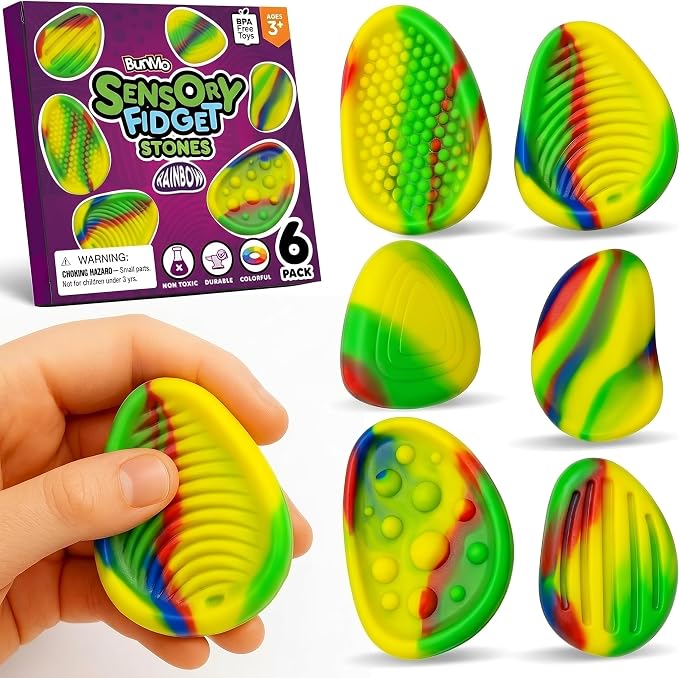 BUNMO Sensory Fidget Stones – 6pk Rainbow | Silicone Worry Stones for Kids Ages 3+ | Portable, Textured, Quiet Sensory Stones for Hands-On Play