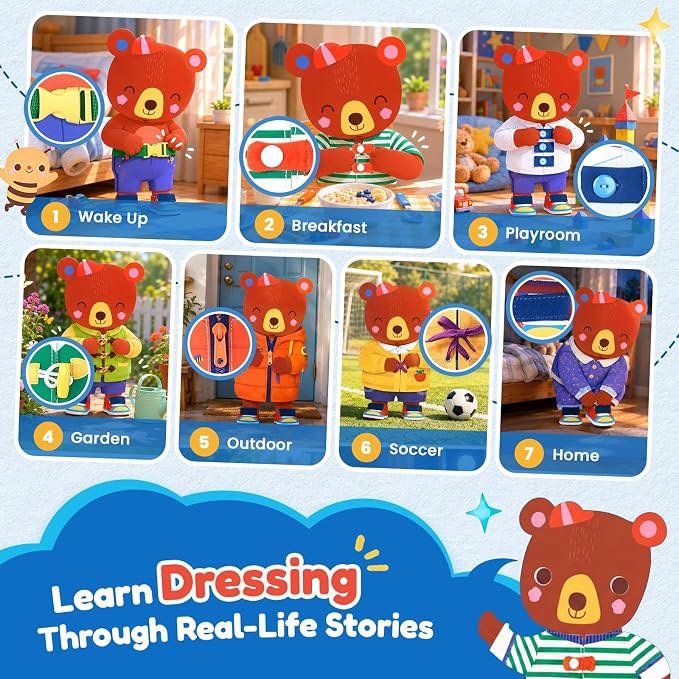 JoyCat Dressing Busy Book for Toddlers 2-4,Montessori Travel Toys | Seven real dressing activities provide buckle, zipper, button and tying practice in a portable travel busy book