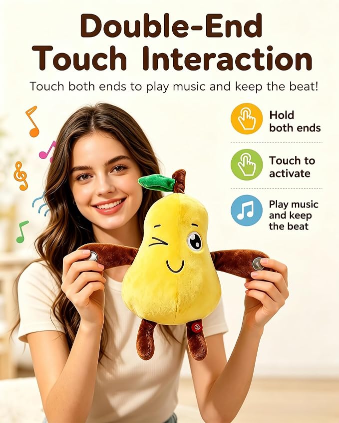 Touch Activated Musical Sensory Plush Toy, Ultra Soft Skin Trigger Sound | Interactive Stuffed Doll, Dual Mode, Early Educational Sensory Fruit Gift for Baby Kids Boys Girls All Ages (Yellow Pear)