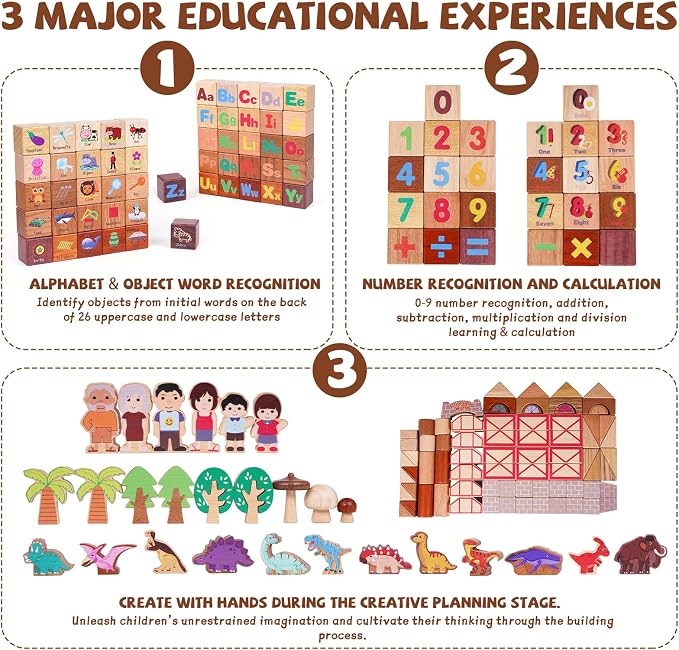 145-Piece Wooden Building Blocks Set –Dinosaur Park –Montessori Educational Construction Toy Made from 10 Premium Hardwoods, STEM Learning Blocks for Toddlers & Kids Ages 3–6