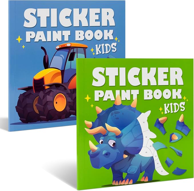 Fun Paint with Sticker Books for Kids Set of 2 - Vibrant Themes, Ages 4-8 | Entertaining Sticker Activity Keeps Kids Busy - Perfect Puzzle to Learn Shapes and Numbers at Home or Travelling