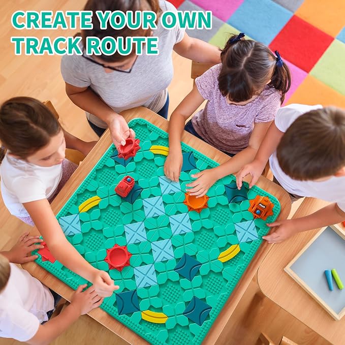 burgkidz STEM Road Build Puzzle: Teal Board, 200+ Chal. w/ 2 Cars | Teal creative board: 14 tracks, 2 start/end, 2 windup cars. 200+ puzzles, 4 levels, 3 modes. Dots fit bricks. Storage bag