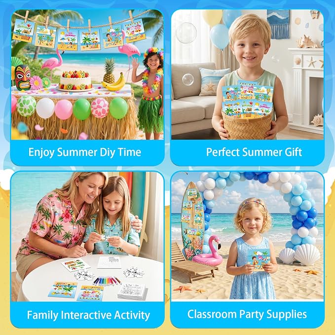Fennoral 24 Pack DIY Coloring Summer Jigsaw Puzzle Craft Kit for Kids | Make Your Own Jigsaw Puzzle with Base Design, 4.7 Inch Bulk Craft Supplies for Classroom, Luau Party & Birthday Gifts