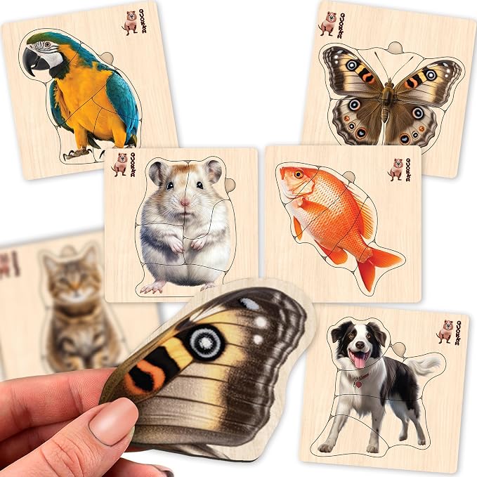 Wooden Puzzles for Toddlers 1-3 - 6 Montessori Kids Puzzles Ages 2-4 | Realistic Toddler Puzzles 15x15 Inches — Birds, Animals, Fish and Butterfly — Educational Motor Skills Toys