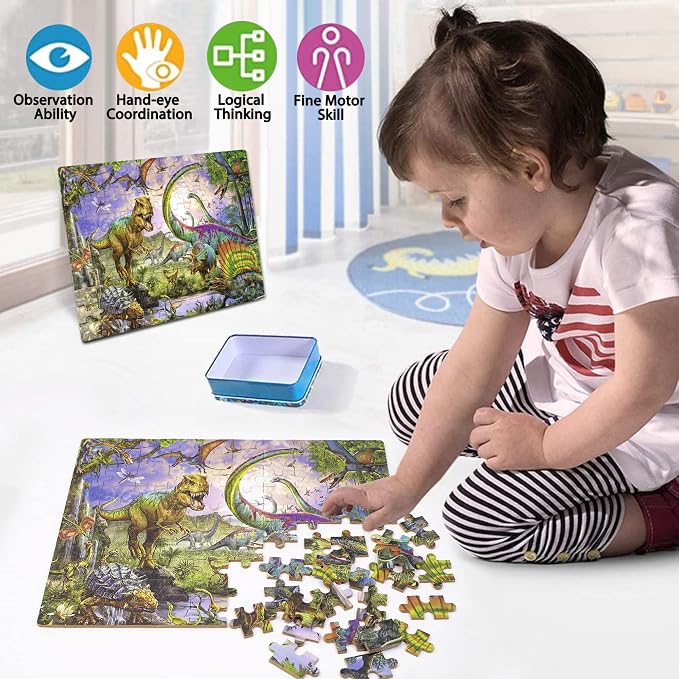 LELEMON Puzzles for Kids Ages 4-6,100 Piece Puzzles for Kids in Metal Box | Dinosaur Educational Kids Puzzles Jigsaw Puzzles,Children 100 Piece Puzzle Games Puzzle Toys for Girls and Boys