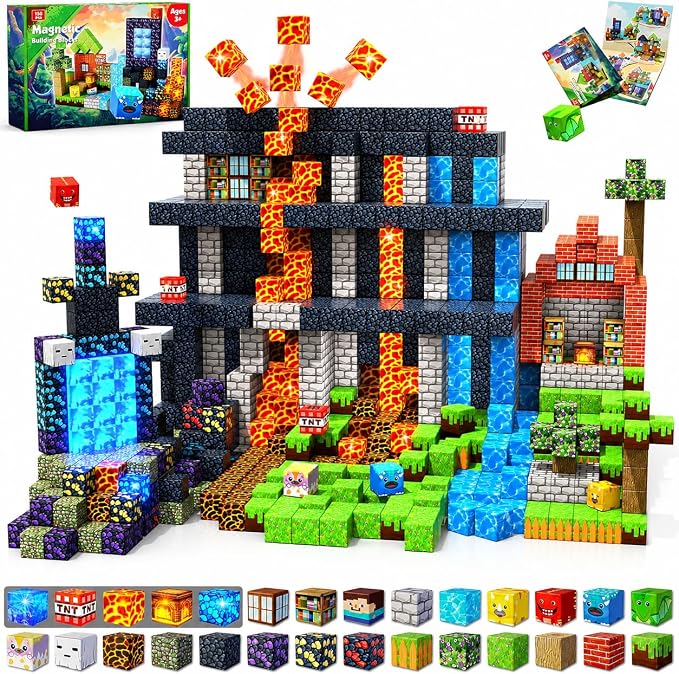 Magnetic Blocks - 150 PCS Dinosaur Volcano Forest Castle Set with Light Up Blocks - Kids Classroom Sensory Toy for Toddlers STEM, Construction Stacking Toy Kids 3+ Boys Easter Basket Stuffers