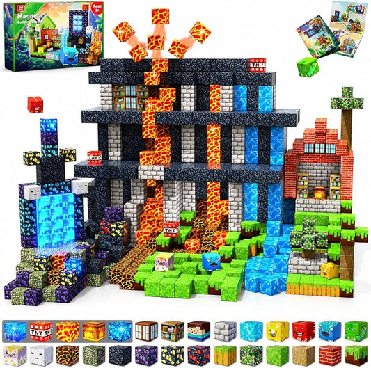 Magnetic Blocks - 150 PCS Dinosaur Volcano Forest Castle Set with Light Up Blocks - Kids Classroom Sensory Toy for Toddlers STEM, Construction Stacking Toy Kids 3+ Boys Easter Basket Stuffers