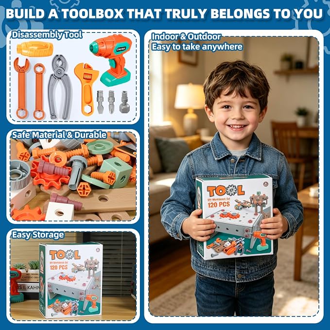 VEAIS Kids Tool Set with Drill,120Pcs Tool Set with ToolBench,Montessori Toy for 3+Year Old,Educational STEM Construction Toys for Ages 3-6,Pretend Play Kids Toys 3-5 Year Old Birthday Gift