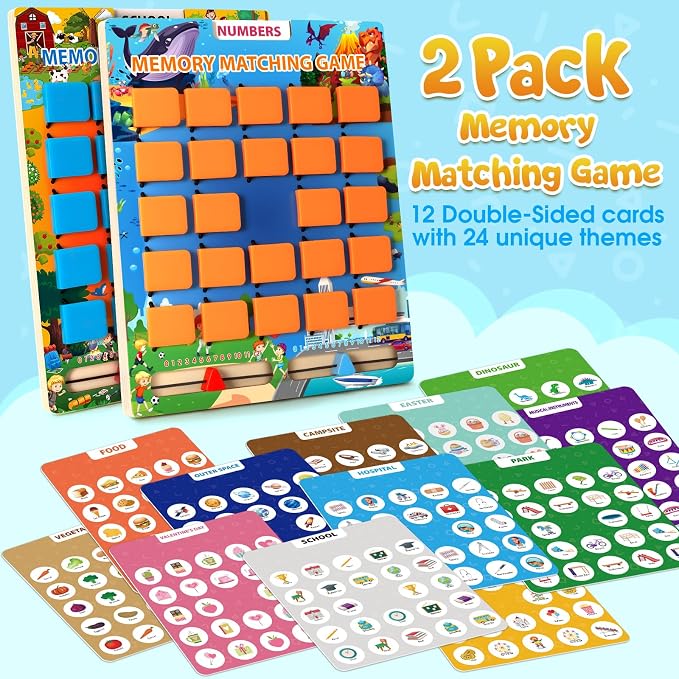 Matching Memory Game for Kids, 2 Pack Travel Toy for Toddlers Boys Girls | Road Trip Travel Essentials for Kids Ages 3 4 5 6 7 8 Years Old, Airplane, Car, Camping Activity, Christmas Birthday Gifts