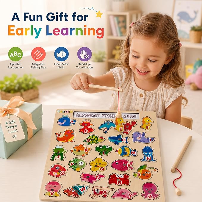 NASHRIO Magnetic Wooden Alphabet Fishing Game for Kids Ages 3-5, ABC Letter Puzzle Board with 26 Sea Animal Pieces, Preschool Learning Fine Motor Toy for Boys Girls 3 4 5