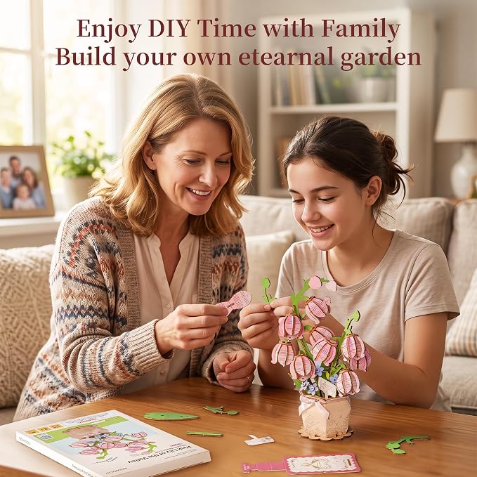 rowood Pink Lily of the Valley,Wooden Flower 3D Puzzles for Adults,DIY Craft Kits for Women,Botannical Collection Building Set,Mothers Day/Teachners Day Gift