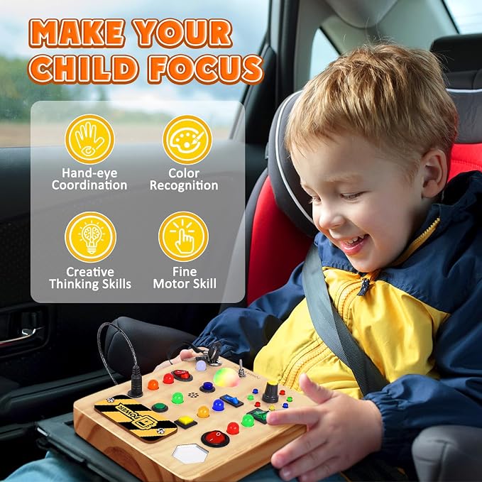 TINTECUSA Busy Board with LED Light, Wooden Sensory Toys for Toddler, Montessori Music Toy for Airplane, Travel Activity Educational Learning Autism Toys, Birthday Boys Girls Gifts