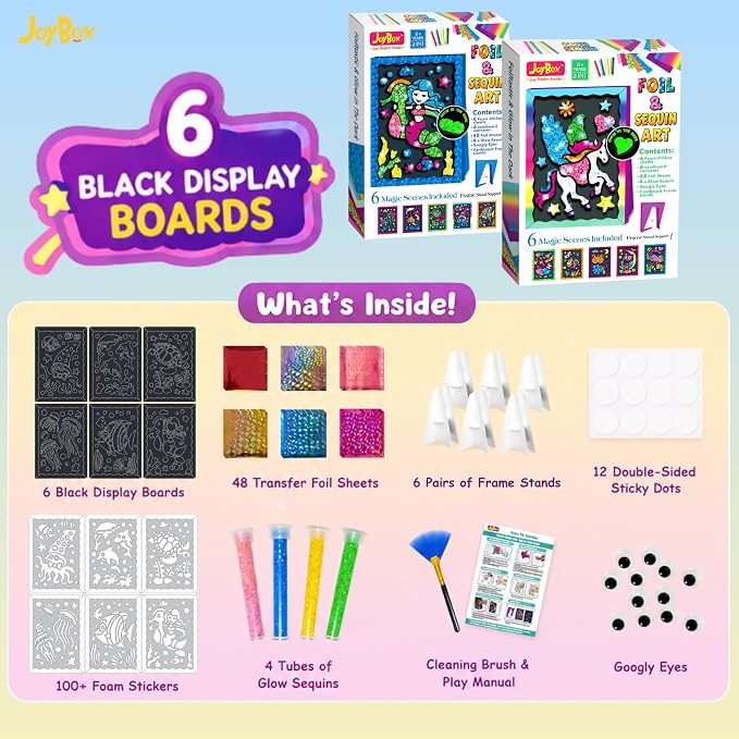 JoyBox Foil Fun–DIYKids Paper Foil Art Craft Kit for&Travel Screen-Free Fun | Birthday Party Gifts for Ages 4-9 and Up,Art Travel Toys for Boys Girls mermaid themes! includes glow‑in‑the‑dark sequins
