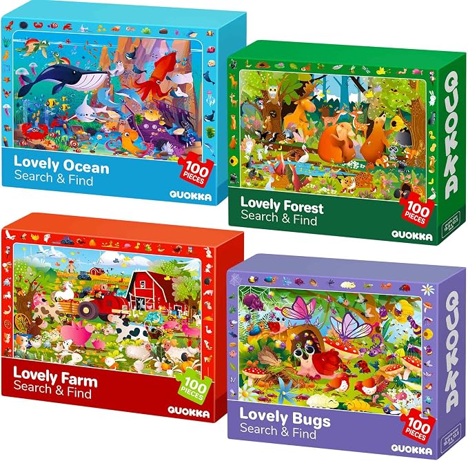 QUOKKA 100 Piece Puzzles for Kids Ages 4-6 – 4xSET Jigsaw Puzzles for Kids Ages 6-8 – Educational Search & Find Game with Animals, Bugs for Childrens 5-8 – Toddler Learning Toy Gift for Boys and Girls