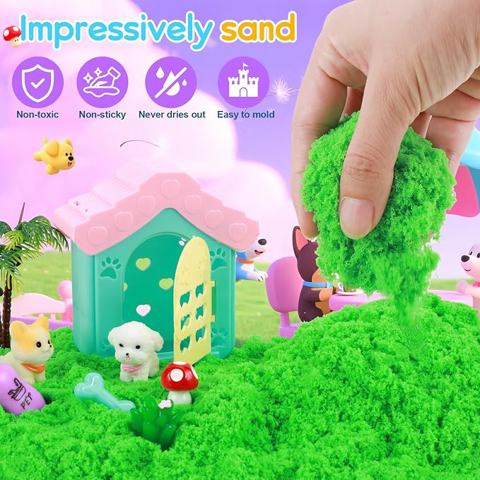 Mikiwon Pet Sensory Bin, Dog Sandbox Play Sand Art Kit with 1.1lbs Sand, Pet Care Sand Set, Sensory Play for Girls Boys Age 3+, Role Pretend Play Beach Toy for Kids Xmas Birthday Gifts
