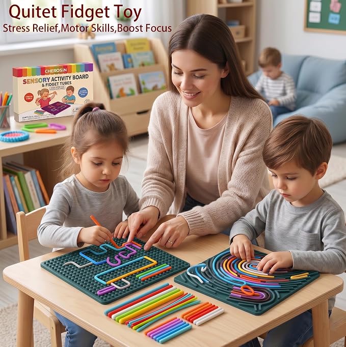 Large Sensory Activity Board, Silicone Fidget Toy for Autism, ADHD & Stress Relief, Double-Sided Quiet Montessori Fine Motor Skills Toy Gift for 3+ Kids, Adults with 36 Strips Portable Bag (Green)