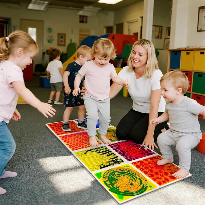 Sensory Floor Tiles for Toddlers 3+: 12" Textured Mats, 4 Pack | Starter Set with Liquid Flow and Tactile Patterns for Movement Games, Visual Tracking, Playrooms, and Classrooms