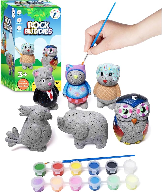 Rock Buddies - DIY Resin Shaped Stone Like Material Animal Figures - Ideal Arts and Crafts for Kids 3-12 Yrs old - Complete Kids Painting Crafts with 6 Projects, Paint, & Brush - Children's Activities