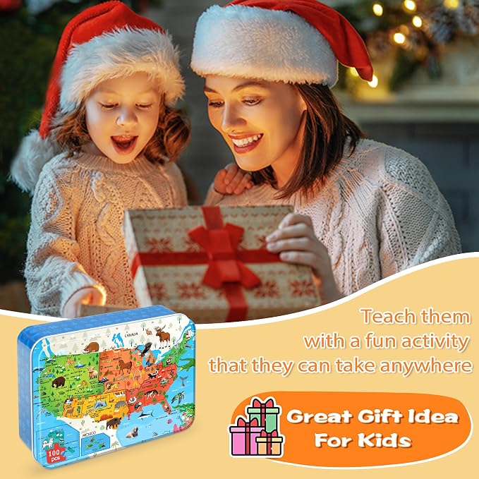 LELEMON United States Puzzles for Kids Ages 4-8,100 Pieces USA Fun America Animal Map Learning Educational Toys for Boys Girls