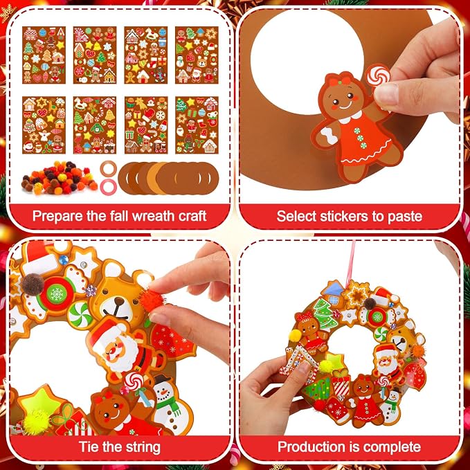Hollowfly 48 Sets Christmas Wreath Craft Kits, Gingerbread DIY Ornaments | Foam Wreath Bases with Gingerbread Stickers, Hanging Ornaments for Kids, Christmas Party Activities and Classroom Crafts