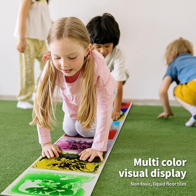 LONGKING 9 Pack 12" X 12" Sensory Tiles for Activity Play Centers for Children, Sensory Floor Tiles, Liquid Floor Tiles, Autism Sensory Poducts | Sensory floor tiles, soft liquid gel, 12"x12", color movement play mat, playroom classroom daycare, 9-pack