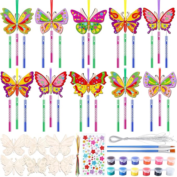 JellyArch 30 Pack Butterfly Wind Chime Kit, DIY Wooden Craft Paints | Includes Colorful Bells Tubes Stickers Brushes, Spring Butterfly Crafts Activity for Adults Birthday Party Decoration