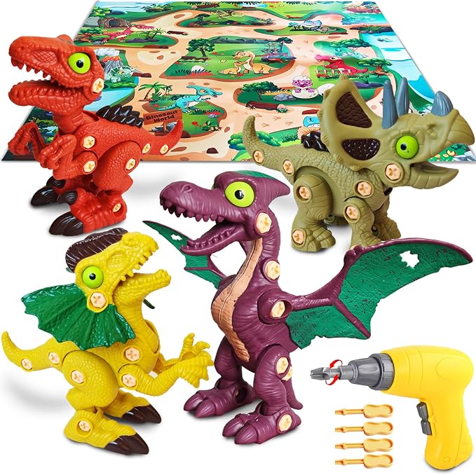 Take Aprts Dinosaur Toys for Kids Age 3 4 5 6 7 Boys with Electric Drill & Play Mat STEM Toys DIY Learning Educational Toy Ideal Birthday Christmas Easter