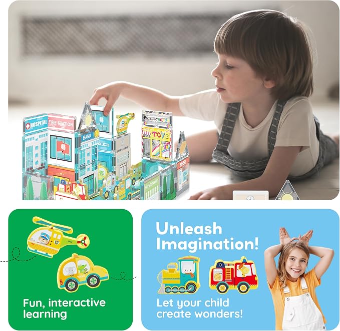 PicassoTiles Metro City Hospital Magnetic Tiles, STEM Building Set Ages 3+ | 8 vehicles and figures, illustrated road and rescue scenes, imaginative role play, screen-free learning for curious minds