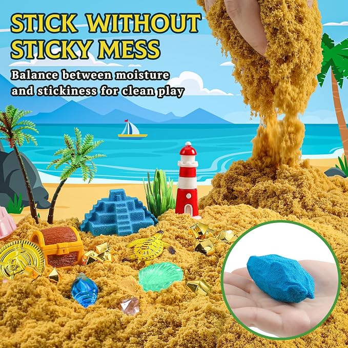 KNASON Pirate Treasure Chest Sensory Bin with Glow in The Dark Gems and Map | 2.2lbs Sensory Play Sand Kit, Sandbox with Lid, Pirate Toys, Spyglass, Compass, Sand Toys Gift for Boys Kids Ages 3-8