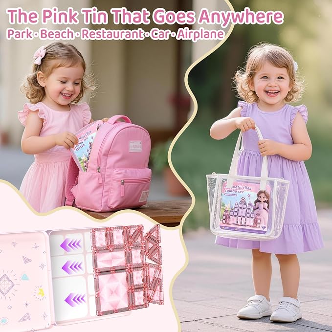 burgkidz Sparkling Glitter Magnetic Tiles: Castle Gift for Girls 3-8 | 42pcs pink-purple glitter, gift-ready tin, BPA-free, ASTM safe, strong magnets, 120min quiet, castle toy for girls 3-8