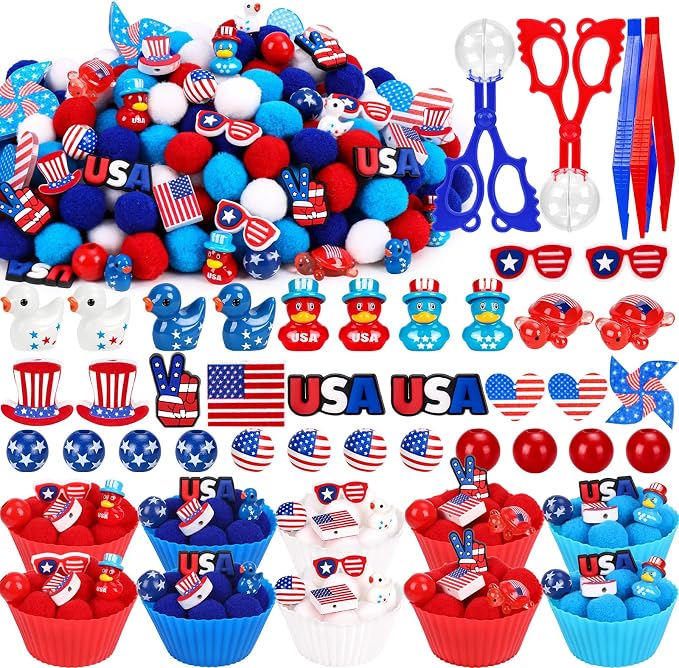 256PCS Independence Day Patriotic Sensory Bin Filler 4th of July Fine Motor Sensory Bin Items Includes Pom Poms Duck Resin for Counting Sorting Training
