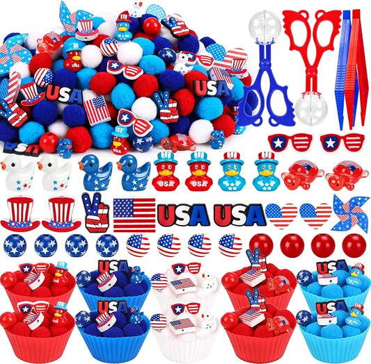 256PCS Independence Day Patriotic Sensory Bin Filler 4th of July Fine Motor Sensory Bin Items Includes Pom Poms Duck Resin for Counting Sorting Training