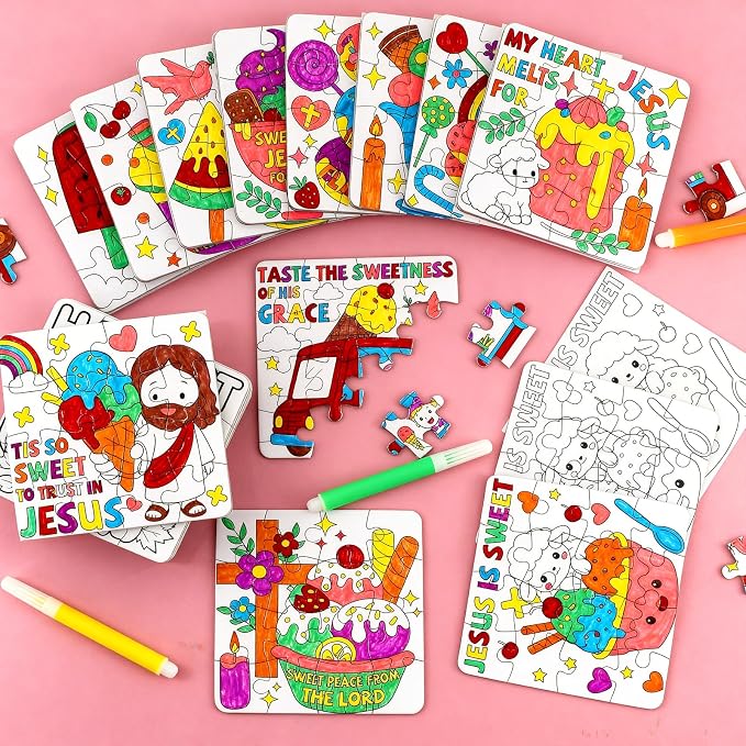24 Sets Religious Sunday School Crafts for Kids Bulk, Christian VBS Craft Puzzle Ice Cream Bible Jesus Loves, Summer DIY Arts for Classroom Activities, Back to School gifts, Coloring Games Supplies