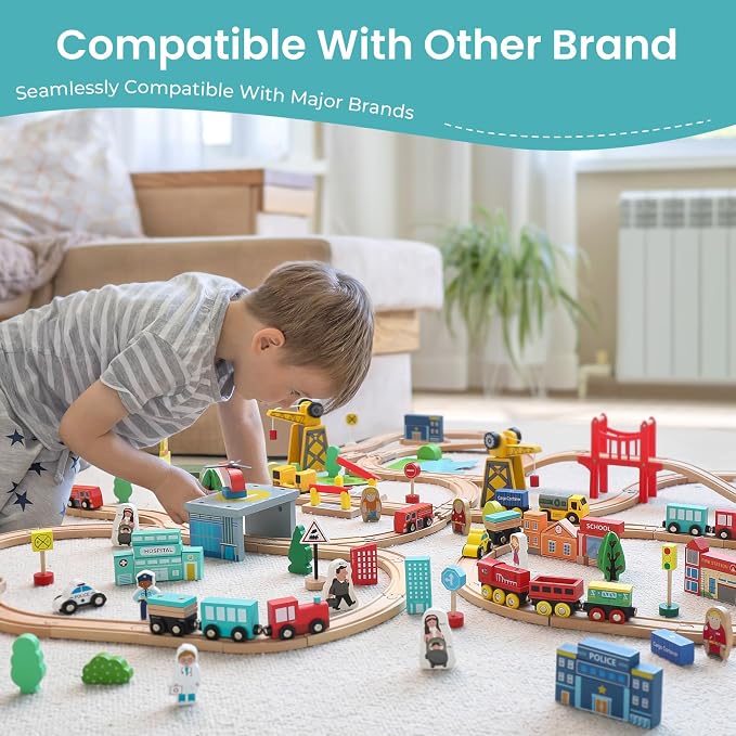 Tiny Land 39 Pcs Wooden Train Set for Toddler with Wooden Tracks | Compatible with Major Brands, Expandable, Changeable Train Toy for 3 4 5 Years Old Girls & Boys, Great Birthday Gift