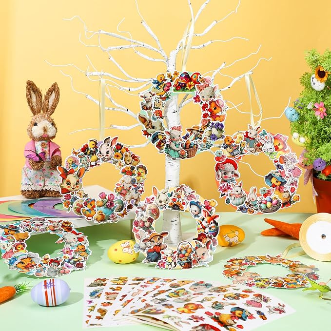 Hollowfly 48 Sets Easter Wreath Craft Kits, DIY Spring Bunny Paper Crafts | Includes Stickers and Ribbons, Easter Family Activity, Spring Party Wall Door Hanging Decor, School Crafts