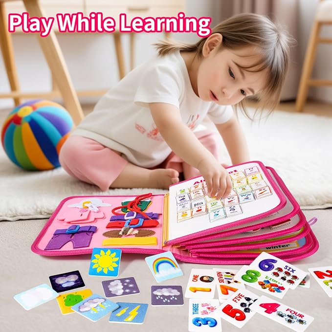 Toddler Busy Board, Montessori Busy Book, Quiet Educational Activity Book | 12-Page Learning Sensory Toys for Motor Skills, Toddlers Travel Toy for Car Airplane, Girl Kids Birthday Gifts (Pink)