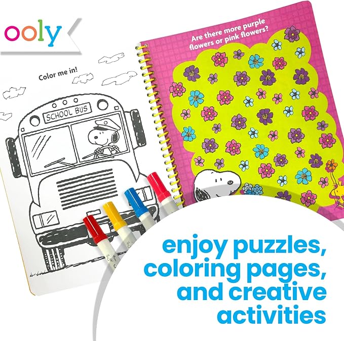 Ooly Peanuts Officially Licensed Coloring Travel Kit, 60-Page Activity Book | Ages 6+, Featuring Snoopy & Charlie Brown, Includes 4 Double-Ended Markers, 2 Sticker Sheets, Puzzles & Games, Gift for Kids