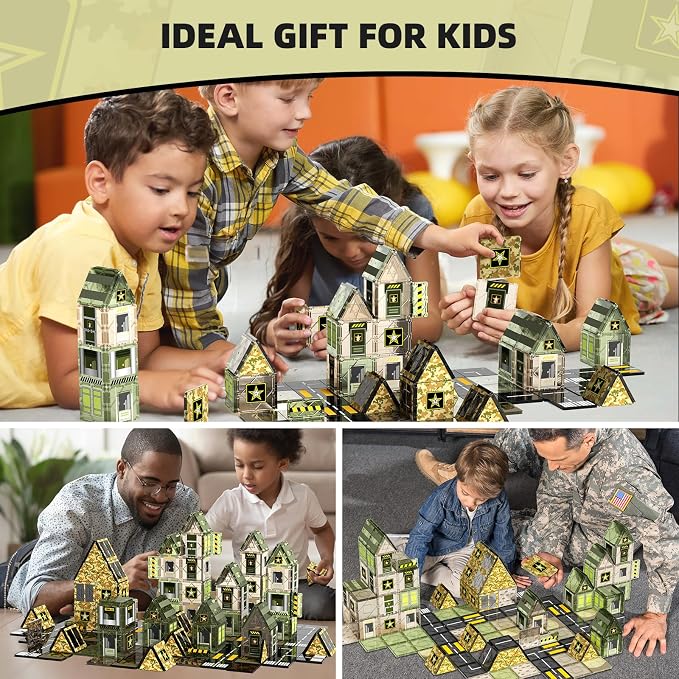 GobiDex 100PCS Army Magnetic Tiles Building Set, STEM Toys for Boys 3+ | Military Magnetic Blocks Building Toys for Kids Ages 4-8, STEM Educational Construction Toys, Birthday Gifts for Boys Girls