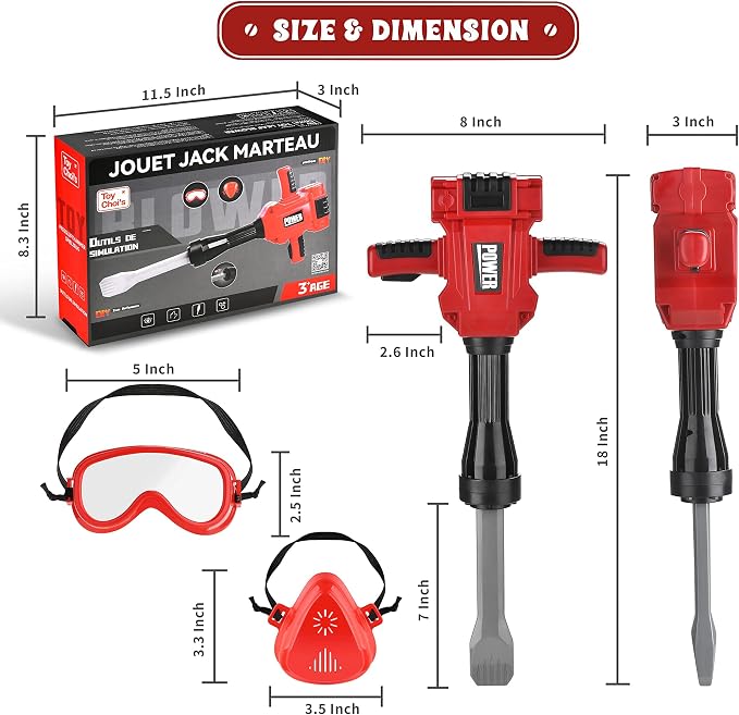 Toy Choi's Kids Jackhammer Toy Drill with Realistic Vibration & Sound | Safe Plastic, Goggle & Mask Included, Pretend Play, Kids Construction Toys for Boys Girls Aged 3-5,4-7