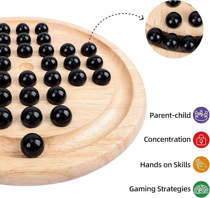 Offelec Wooden Solitaire Board Game with 33 Piece Black Glass Marbles Classic One Player Gameplay Strategy Puzzle Board Games Kids & Adults Fun Family Tabletop Toys, Birthday Gift,Table Games